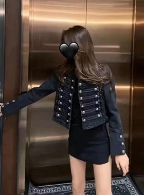 温婉同款宫廷风黑灰色牛仔外套女2025春秋短款百搭夹克重工上衣潮