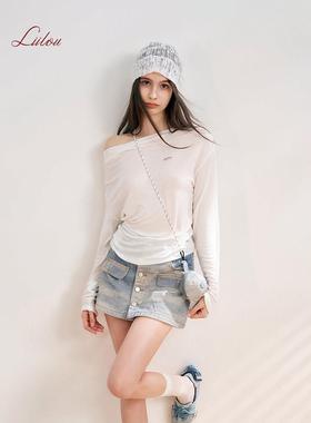 Liilou 25ss 牛仔印花 重工水洗 舒适棉质一排扣高腰A字牛仔短裙