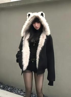 2025秋冬新款麂皮绒猫耳座山雕clesnfit加厚棉衣高级感棉服外套女