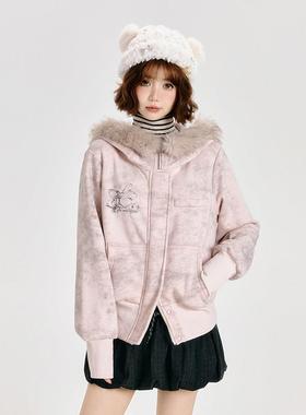 Girlyhalo美式灰粉色毛领外套女春秋新款设计感修身连帽开衫卫衣