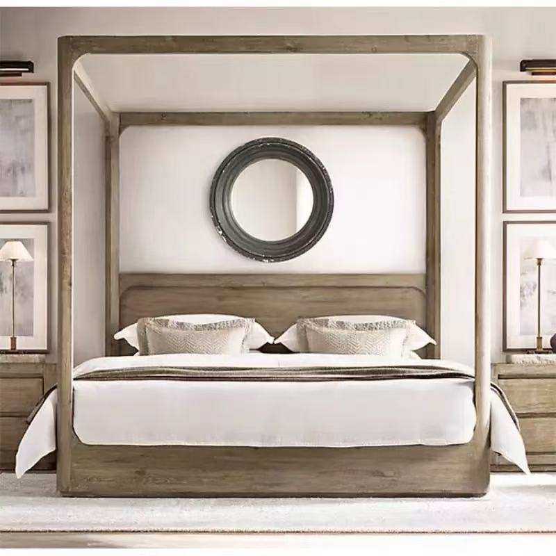 美式乡村实木架子床北欧主卧复古做旧实木柱子床四柱床蚊帐纱幔床