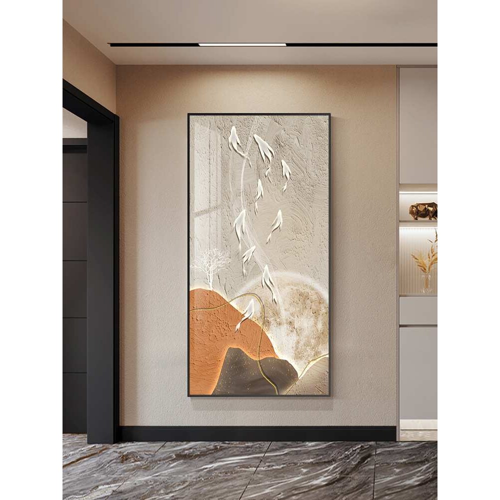 九鱼图玄关装饰画现代简约走廊过道挂画入户门竖款京瓷镶砖挂画