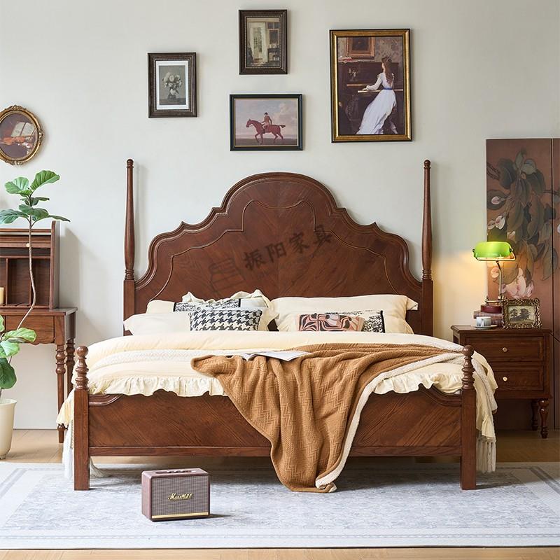 中古风樱桃木实木床法式复古安娜床1.5米大床1.8米气压储物高箱床