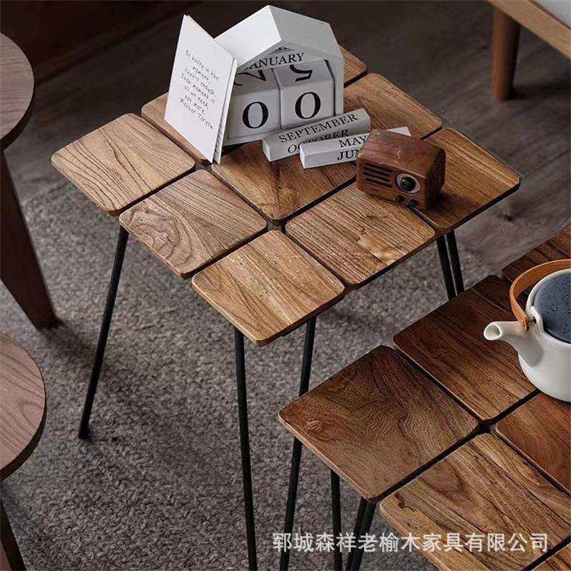 复古老榆木折叠方形茶几小桌原木风沙发边几实木茶桌组合榆木矮桌