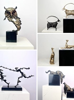 现代金属物动物抽象雕塑镂空马头猎犬猫头鹰大象装饰品
