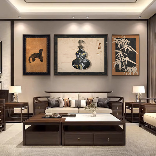 竹报平安中古风客厅沙发背景墙挂画装饰画复古壁画葫芦
