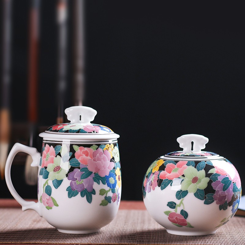 醴陵茶杯带盖水杯大容量茶室器具装茶叶罐泡茶杯子手绘