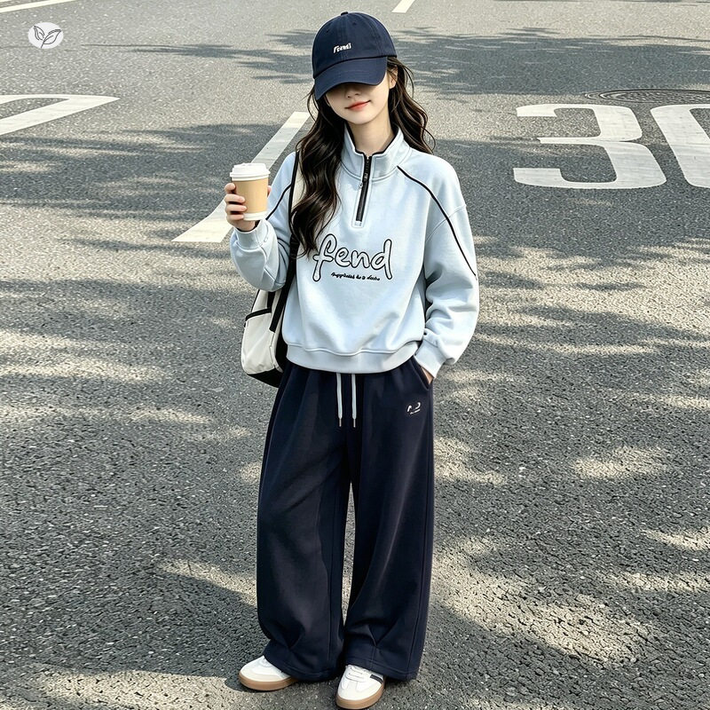女童秋装运动套装2026新款中大童字母印花半拉链卫衣阔腿裤两件套