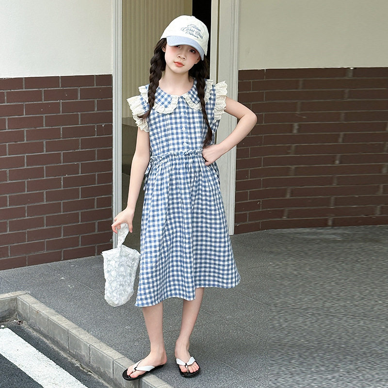 女童夏装裙子2026新款中大童夏天娃娃脸公主裙儿童夏季格子连衣裙