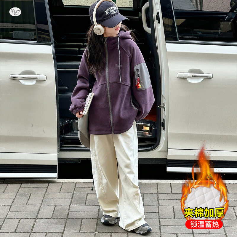 女童秋冬新款加棉加厚冲锋衣外套中大童户外挡风连帽夹克衫棉服潮