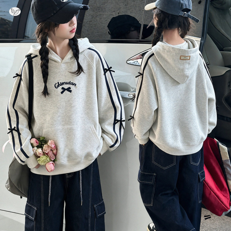 女童秋季新款休闲连帽套头卫衣明线拼接牛仔工装裤套装女孩阔腿裤