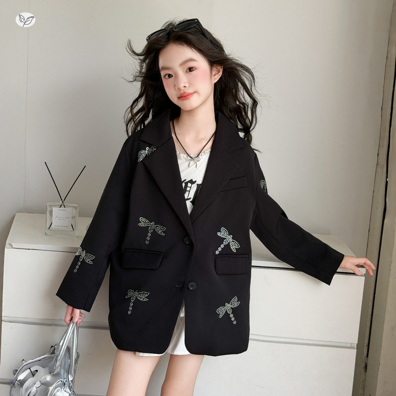 女童休闲外套2026秋季新款中大童烫钻蜻蜓小西服开衫儿童长袖上衣
