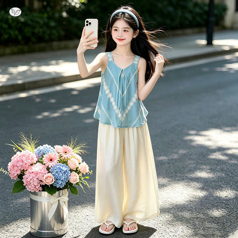 女童棉布套装2026夏季新款中大童吊带上衣阔腿裤小清新夏装两件套