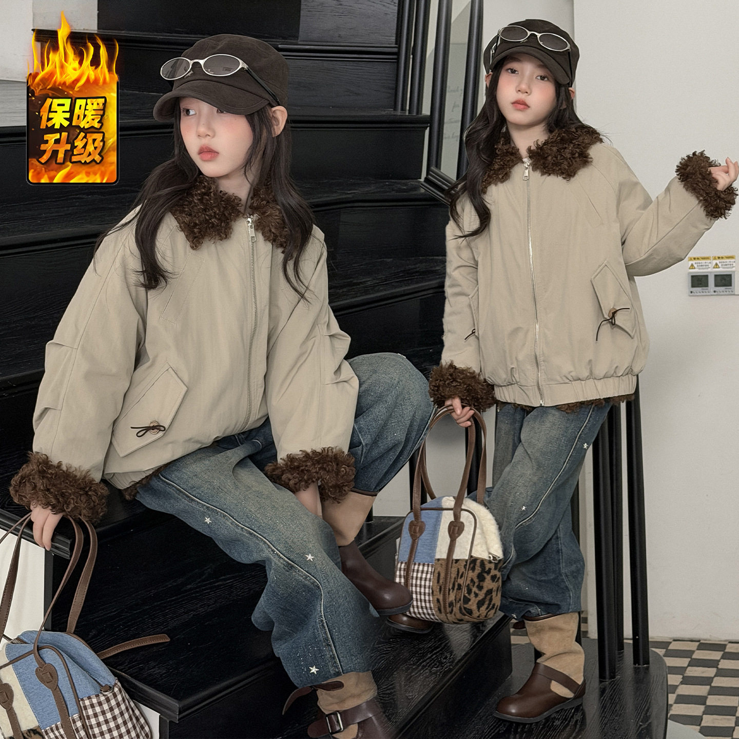 女童夹棉加厚羊羔毛派克服外套冬装2026新款儿童夹克保暖棉服上衣