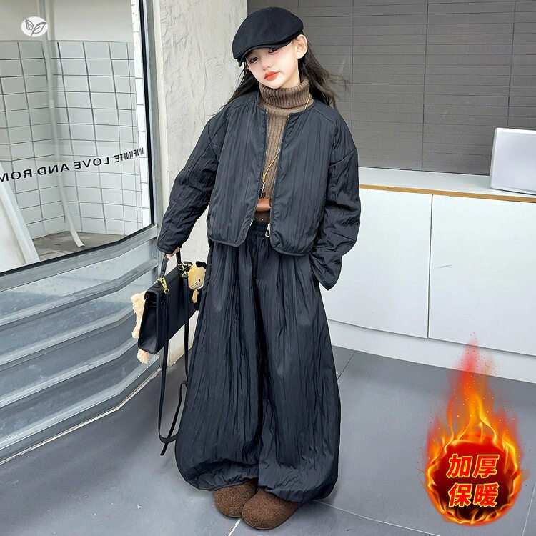 女童秋冬新款休闲夹棉开衫阔腿裤套装中大童短裤拉链外套弯刀裤潮