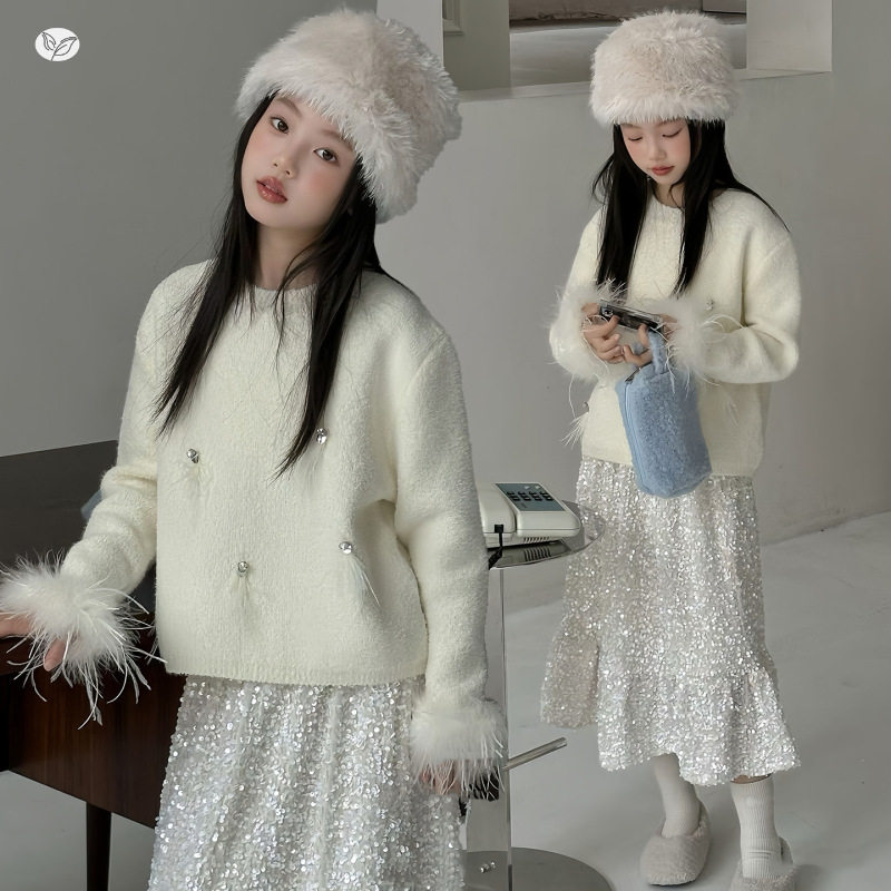 女童秋季韩版气质重工驼鸟毛针织毛衣上衣中大童亮片半身裙套装
