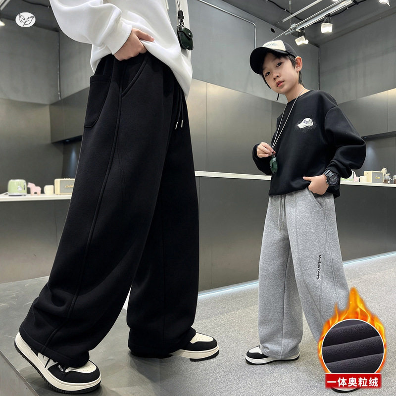 男童冬季新品加绒加厚运动休闲卫裤中大童时尚宽松阔腿裤直筒长裤