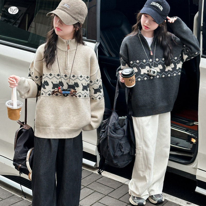 女童秋冬新款韩版半拉链卡通加厚毛衣中大童套头针织衫学生上衣潮
