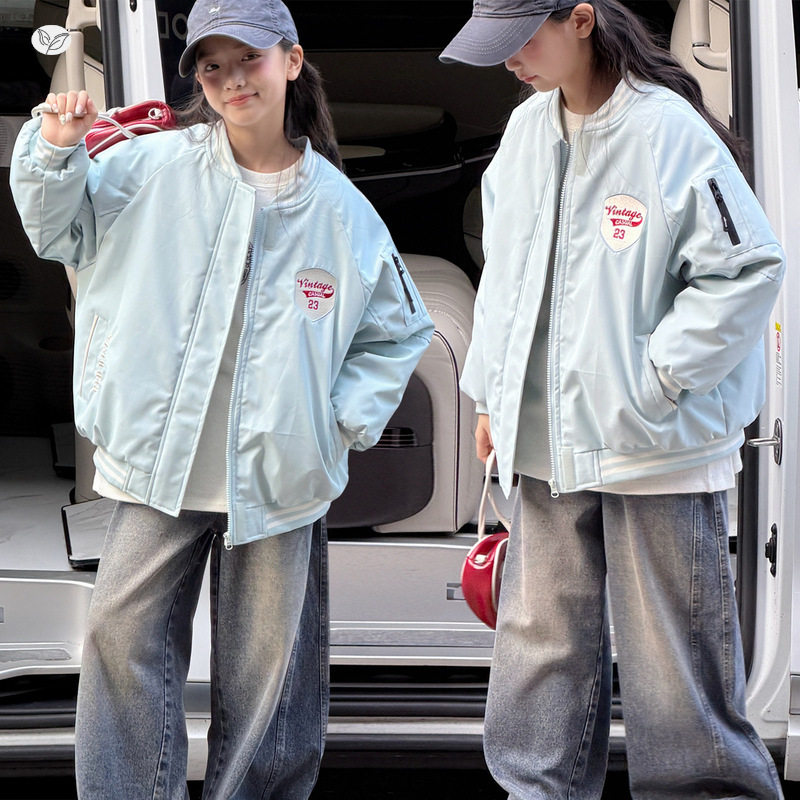 女童冬装外套2026新款加棉中大儿童休闲棒球服冬季女孩加绒牛仔裤