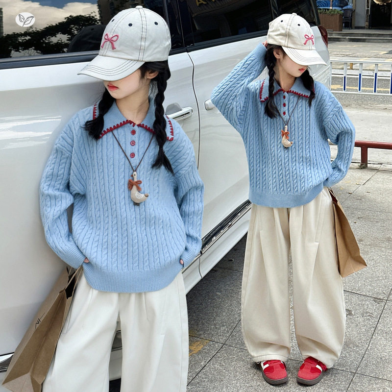 女童2026秋冬韩范洋气儿童翻领毛衣秋季女大童时尚直筒裤两件套潮