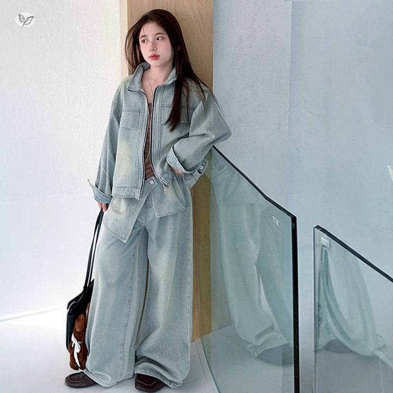 女童秋季新款韩版屁帘牛仔服套装中大童立领夹克衫外套阔腿裤长裤
