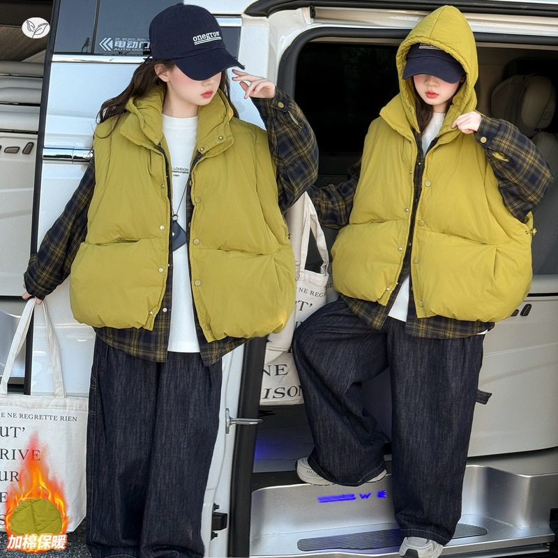 女童2026秋冬韩版新款加厚背心马甲中大童夹棉连帽格子衬衣上衣