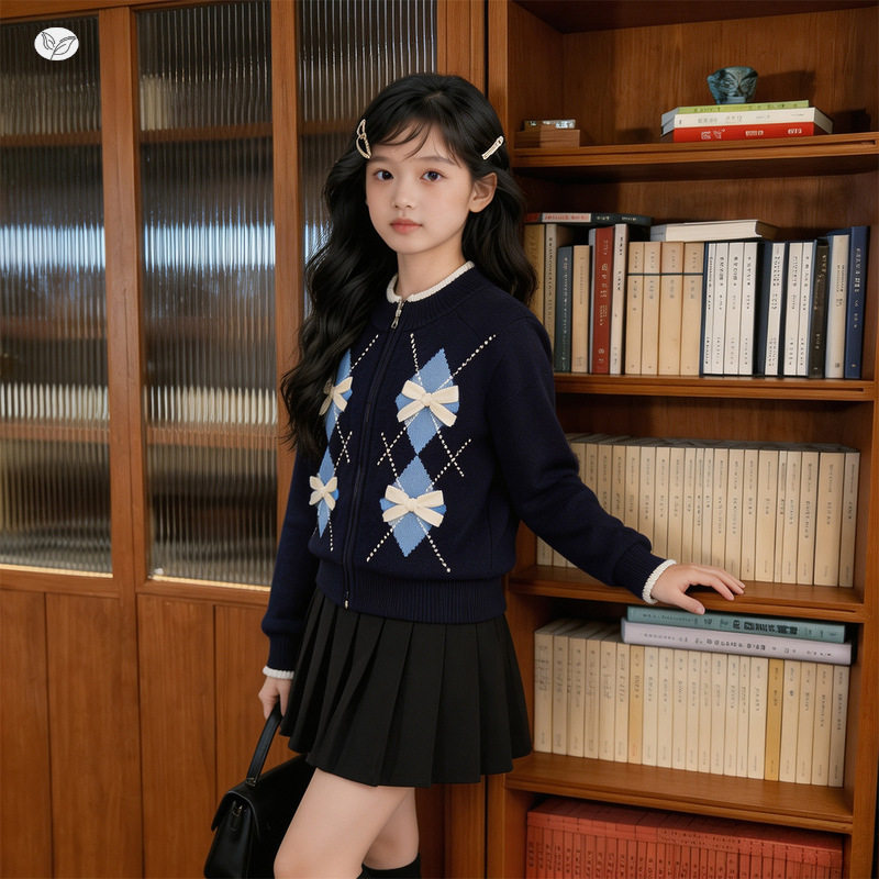 女童秋季新款学院风菱形钩花针织衫百搭女孩春秋拉链毛衣开衫外套