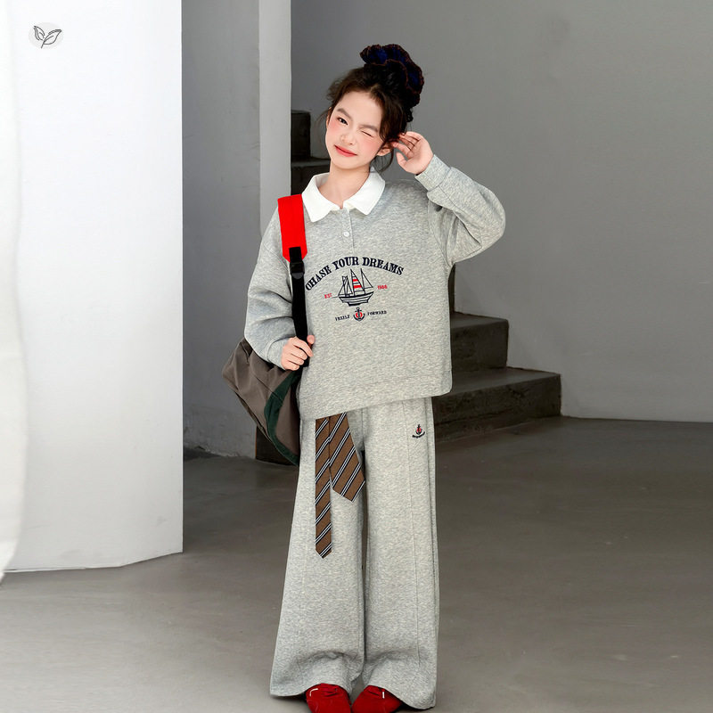 女童运动服套装2026秋季新款中大童绣花POLO衫卫衣阔腿裤儿童秋装