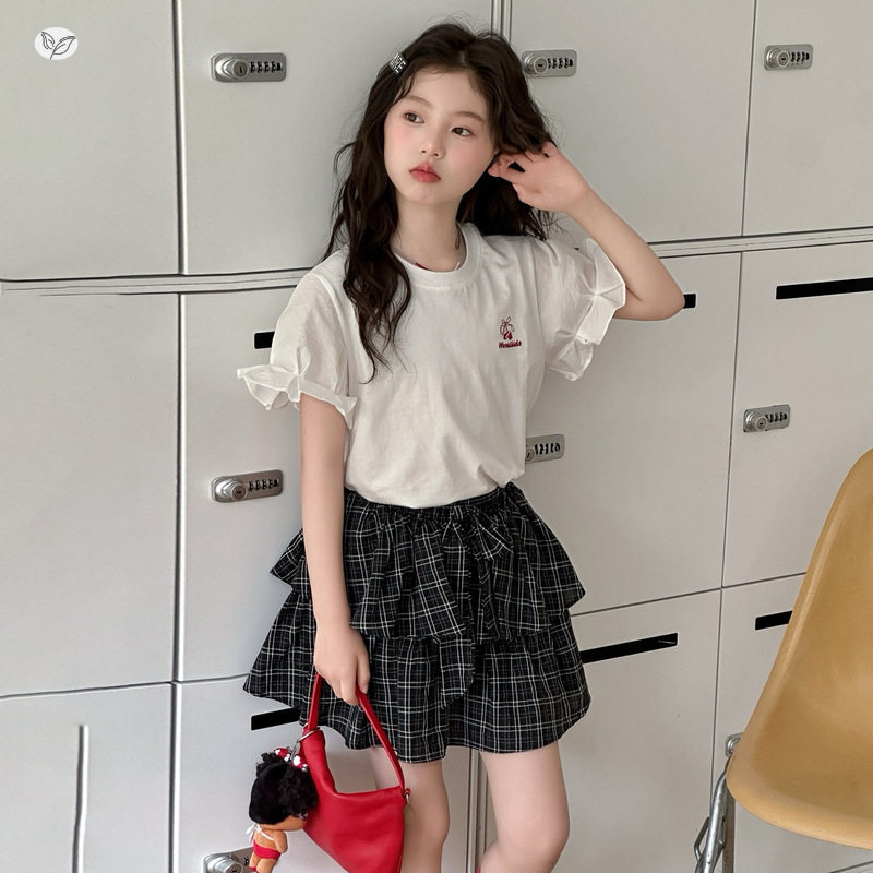 女童套装2026夏季新款中大儿童樱桃刺绣T恤格子蛋糕裙短裙两件套