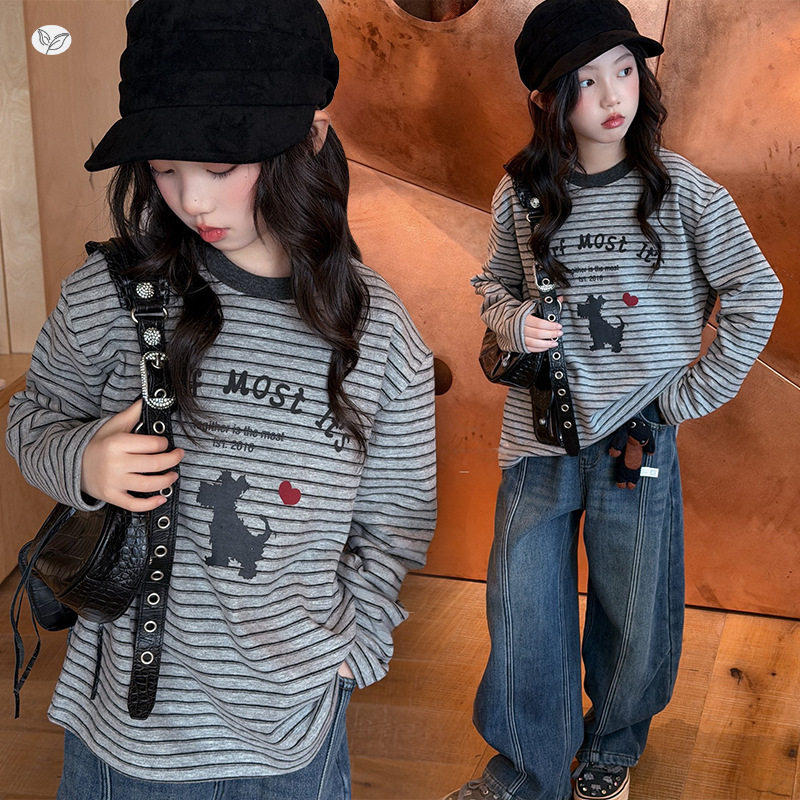 女童2026冬季韩版卡通小狗加绒长袖T恤上衣中大童条纹打底衫内搭