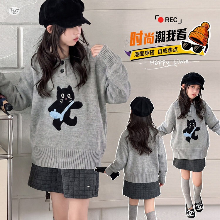 女童2026秋季新款韩版绣花小猫针织衫上衣学生春秋翻领学院风毛衣