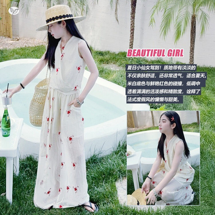 女童法式度假风套装2026夏季新款中大童花朵马甲阔腿裤雪纺两件套