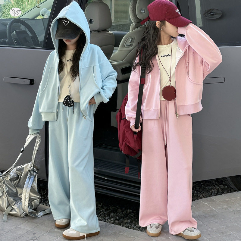 女童运动服套装2026秋新款中大童短款连帽双拉链外套阔腿裤两件套