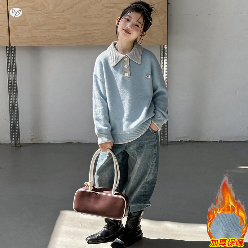 女童深秋新款韩版翻领贴标毛衣中大童秋冬加厚套头针织衫女孩上衣