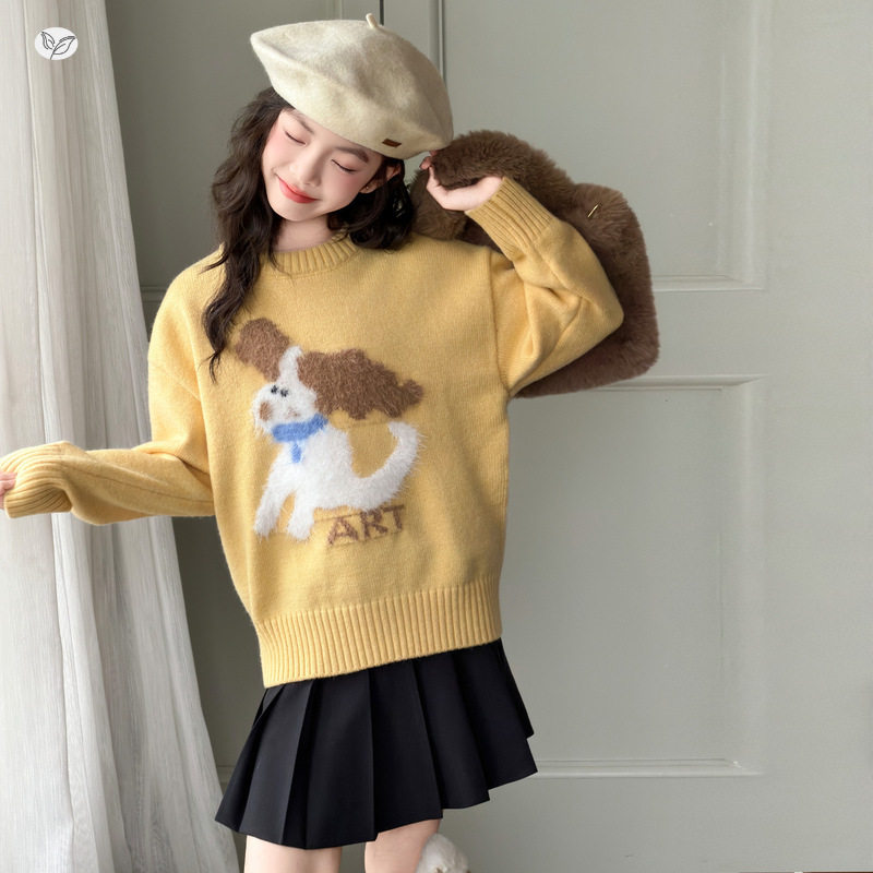女童秋冬2026韩系甜美卡通小狗黄色毛衣上衣中大童针织打底内搭潮