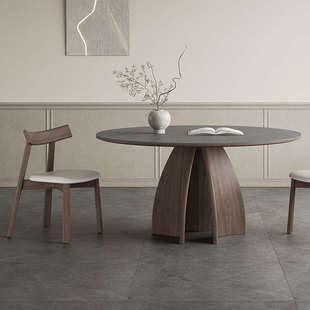 岩板餐桌带转盘小户型家用2024新款 意式 极简轻奢胡桃木色实木