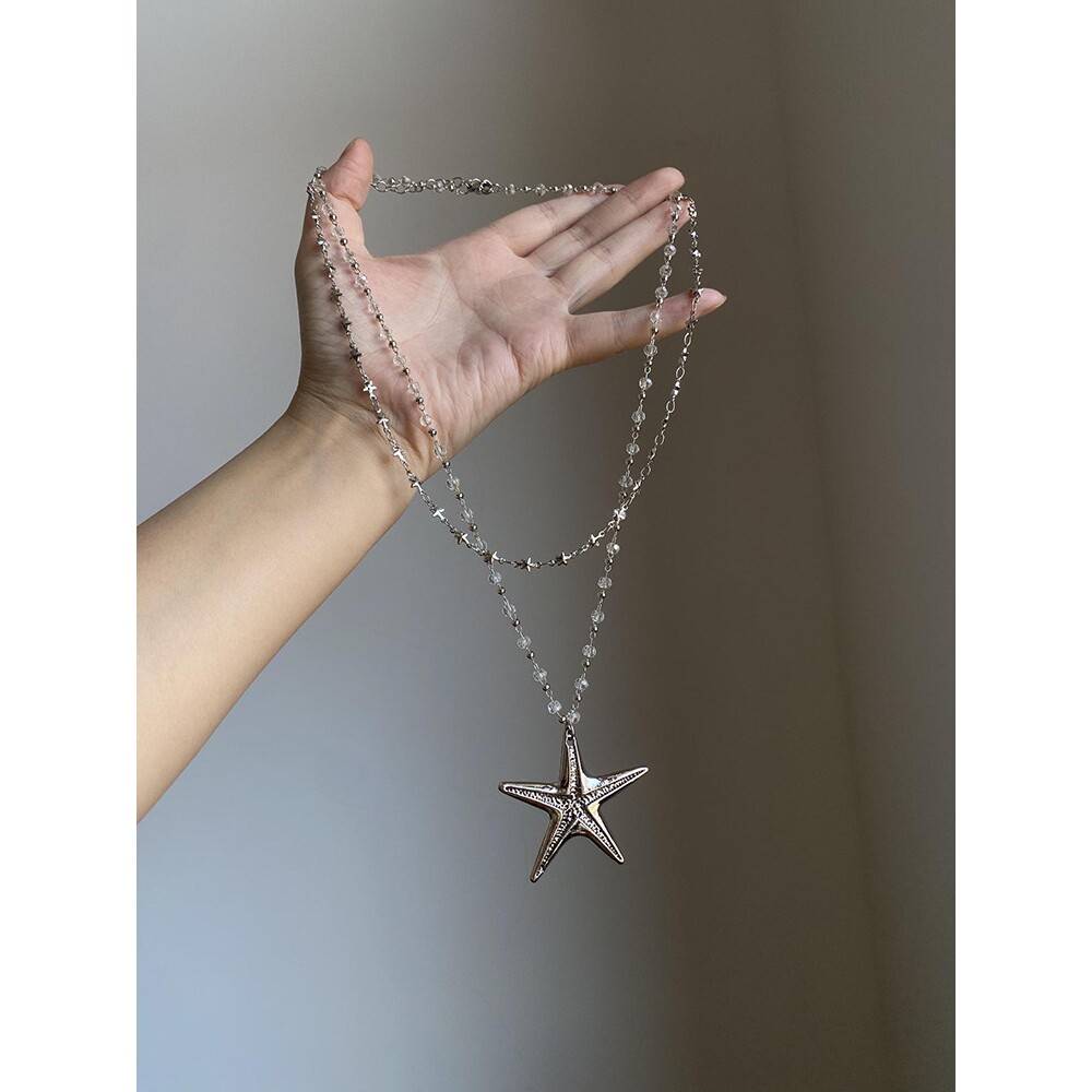 超出片！叠戴双层项链银色海星吊坠长款毛衣链y2k辣妹颈链配饰