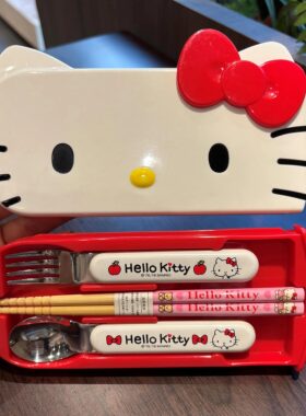 哈喽kt筷子勺子套装一人用餐具收纳盒便携式学生不锈钢筷勺三件套