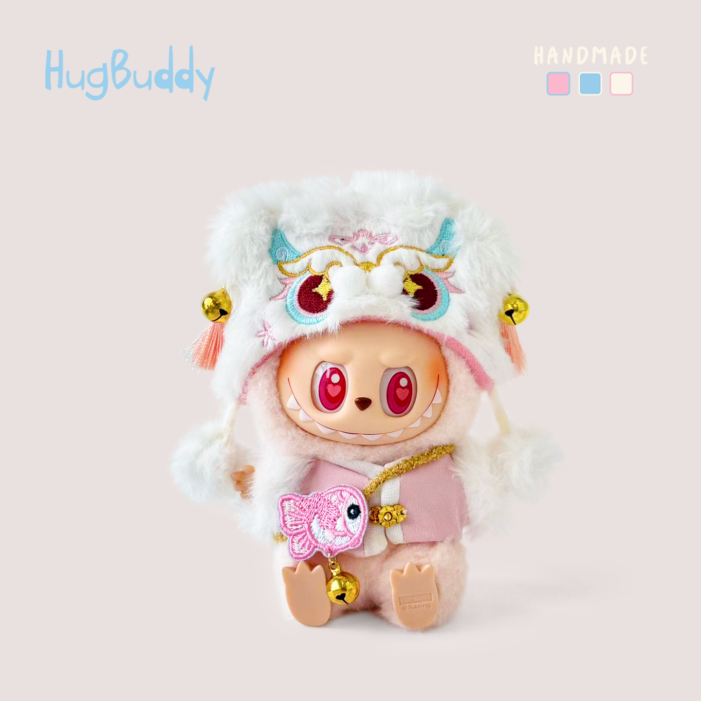 labubu衣服拉布布毛绒娃衣套装蓝色舞狮帽子粉色蝴蝶结装饰拜年服