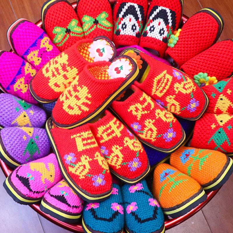 毛线手勾成品鞋细线粗线拖鞋纯手工编织钩织毛线拖鞋居家婚嫁鞋1