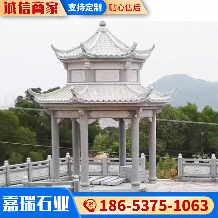 大理青石仿古六角双层石雕凉亭