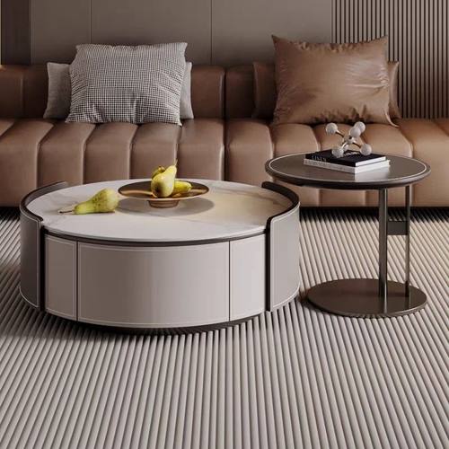 意式轻奢马鞍皮岩板圆形茶几电视柜小户型客厅大小圆实木组合