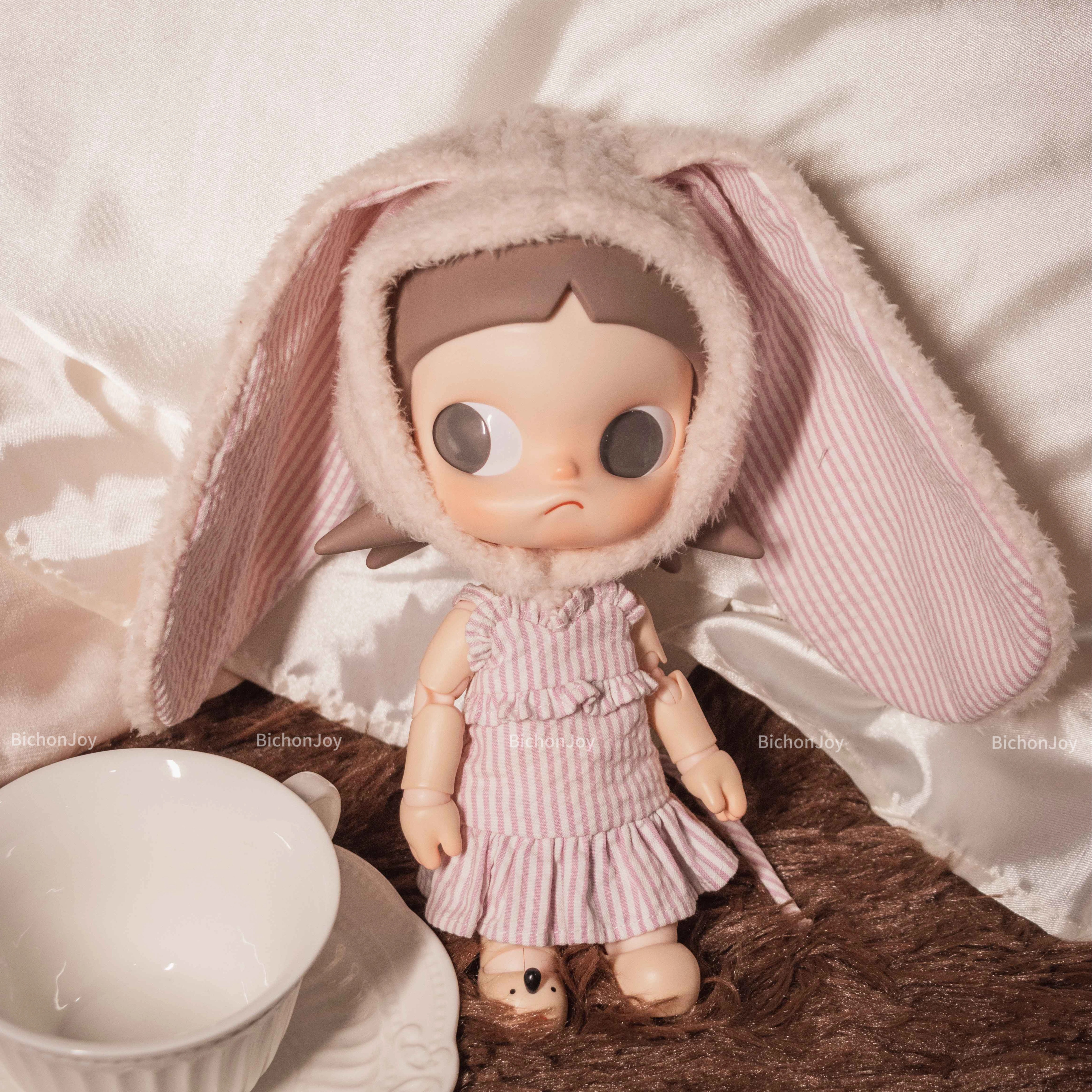 耳廓狐·原创Zsiga娃衣1/8BJD粉狐狸头套条纹无袖连衣裙可爱套装