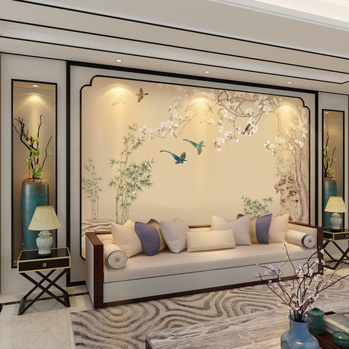 新中式古典工笔花鸟壁纸客厅沙发