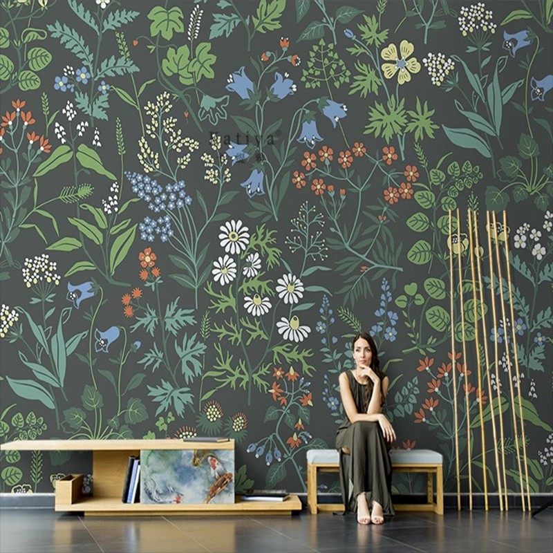 美式手绘花草墙纸客厅电视背景墙布绿色花群壁画卧室餐厅无缝壁纸,家装主材,定制壁画,淘宝优惠券,粉丝福利购,淘宝优惠卷