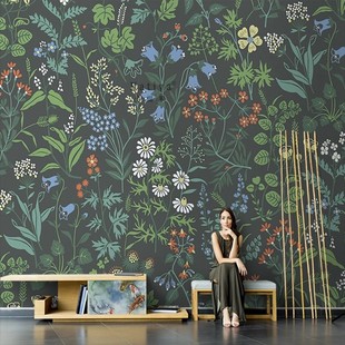 美式手绘花草墙纸客厅电视背景墙布绿色花群壁画卧室餐厅无缝壁纸