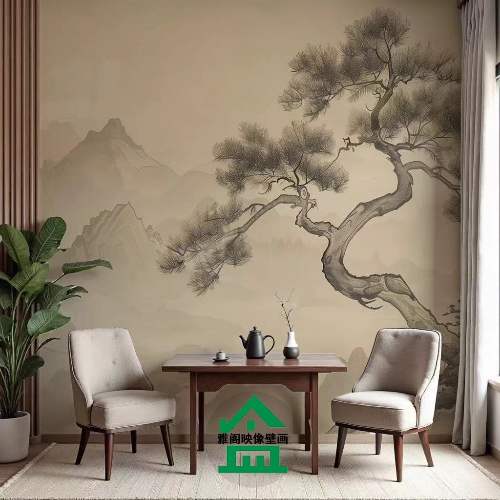 大气山水背景布酒店民宿床头壁纸