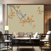 沙发黄金卧室手绘工笔纸背景中式 花鸟梅花复古新叶子墙壁墙布客厅