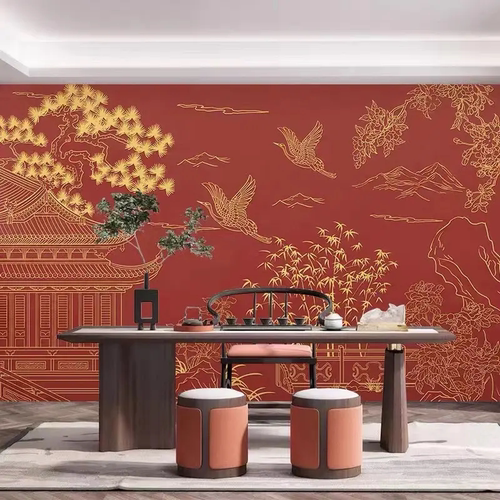 中式茶室酒店餐厅包间大堂墙纸