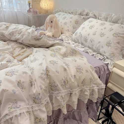 法式荷叶边全棉四件套公主风花边纯棉被套田园碎花床裙款1.8m床品
